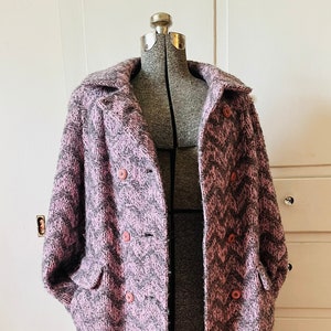 Mod 60s Winter Coat, Zig Zag Pink Gray Womens Overcoat, 1960s Coat Dress, Med Large