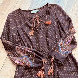 Brown 70s Indian Dress 1970s Peasant Midi in Paisley and Stripes Cotton Summer Dress