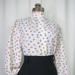 Vintage Blouse, 1940s Style Blouse, 1980s High Collar Puff Sleeve Top