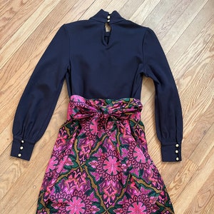 70s Flower Power Mini Dress, Tie Back, Long Sleeve