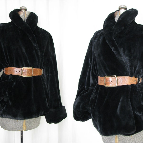 Vintage Faux Fur Coat, 1950s Wedding Large Swing Coat, Mouton Fur Style Vegan Friendly