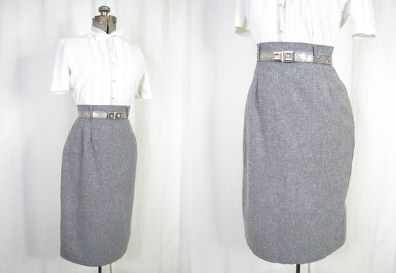 1970s Skirt - High Waist Grey Midi, Medium Vintage