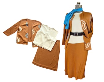 Mod 60s Suit Jacket Top and Skirt Large 1960s Dress Set 3 Pieces Autumn Brown Acrylic