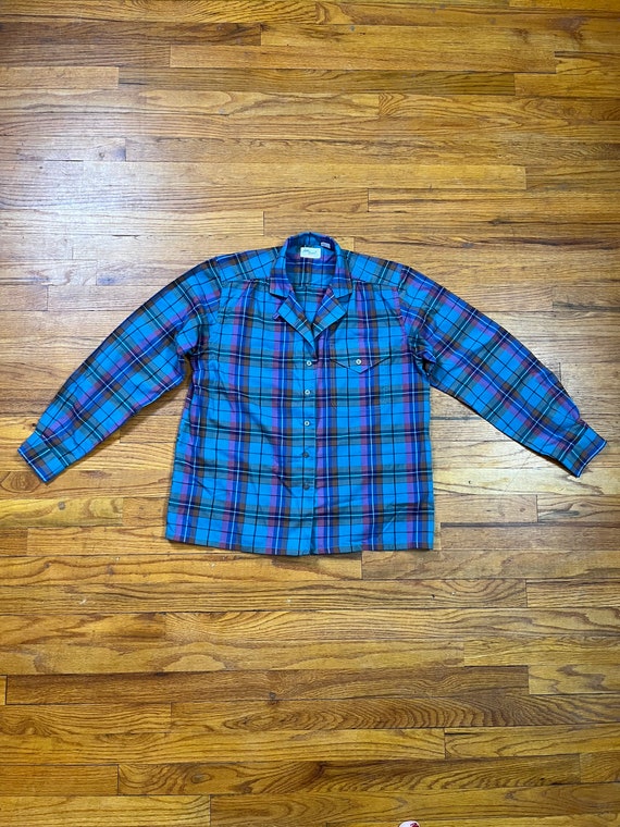 Large 70s 40s Style Blouse Plaid Blue Top Puff Sl… - image 10