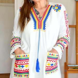 Colorful 70s Caftan, Embroidered Comfy Loungewear, Boho Maxi House Dress in a Plus Size