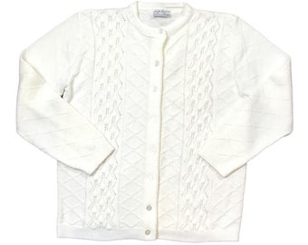 Vintage Cardigan Sweater, Grandma Sweater, 1960s White Argyle Long Sleeve Jumper, Acrylic Vegan, Size Large