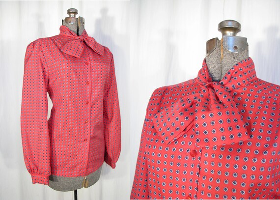 Vintage 1970s Blouse / Pussy Bow Blouse / Red Secr