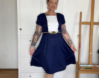 80er Tut 40er Jahre Matrosenkleid: Marineblau, starke Schulterpartie, Größe 14