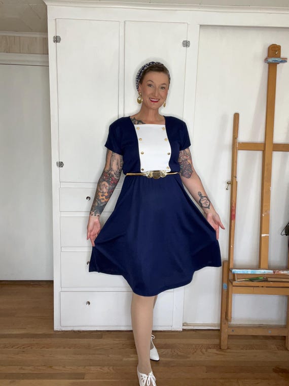 80s Does 40s Sailor Dress: Navy Blue, Strong Shoulders, Size 14 80s Does 40s Sailor Dress: Navy Blue, Strong Shoulders, Size 14