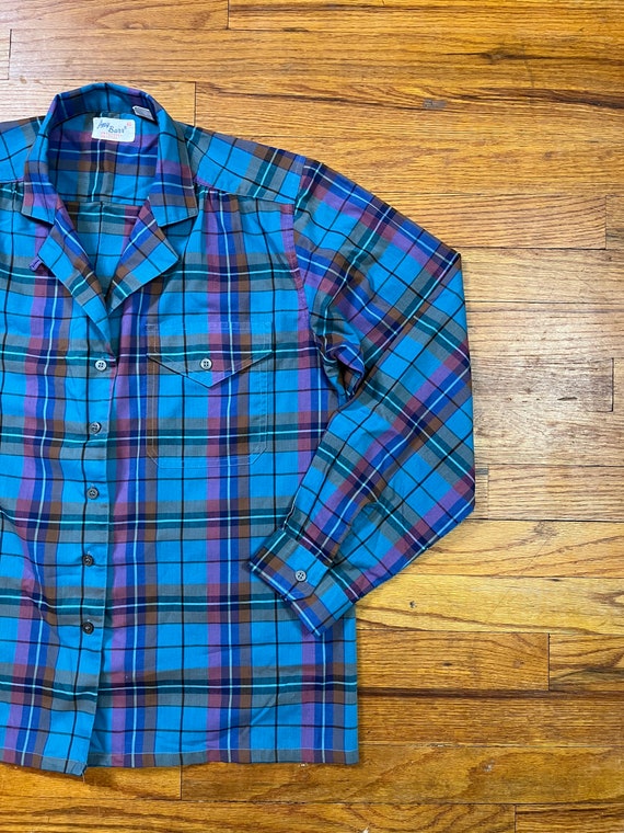 Large 70s 40s Style Blouse Plaid Blue Top Puff Sl… - image 4