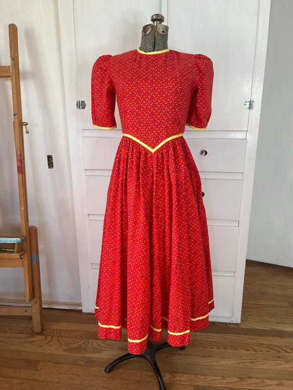 70s Red Floral Maxi Dress, Puff Sleeves, Size Medium