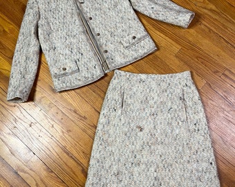 Tailleur gonna vintage anni '60: trama a zigzag beige-marrone, vita 30"