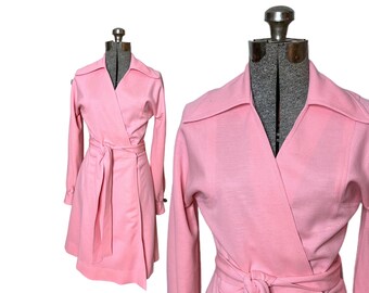 Swinging 1970s Wrap Dress, Barbie Pink Midi Dress with Full Skirt, 70s Dress with Collar and Long Sleeves, Small 26 Waist