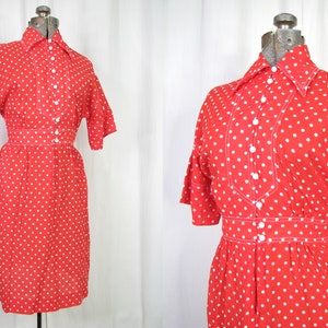 Red 1970s Dress, Polkadot Dress 50s Style Rockabilly Shirtwaist Midi, Short Sleeve Dress Medium