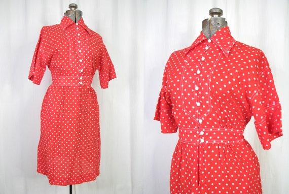 Red 1970s Dress, Polkadot Dress 50s Style Rockabi… - image 1