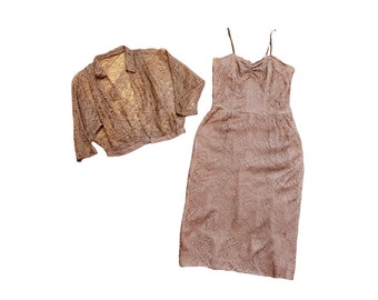 Shelf Bust 50s Lace Dress, Corset Top Cocktail Midi in Mocha Brown Rayon, 28W