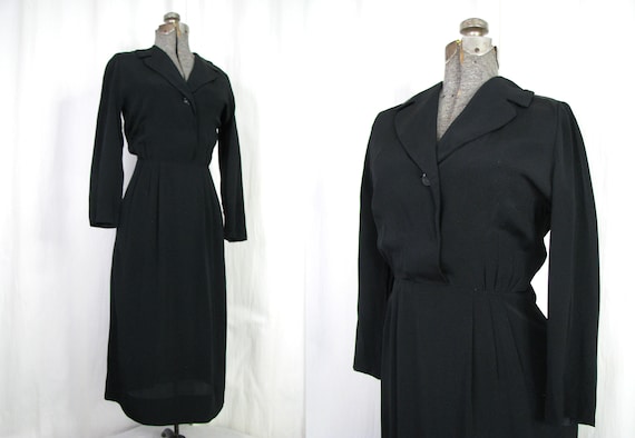 1940s Dress / Inky Black Rayon Midi / Vintage 40s