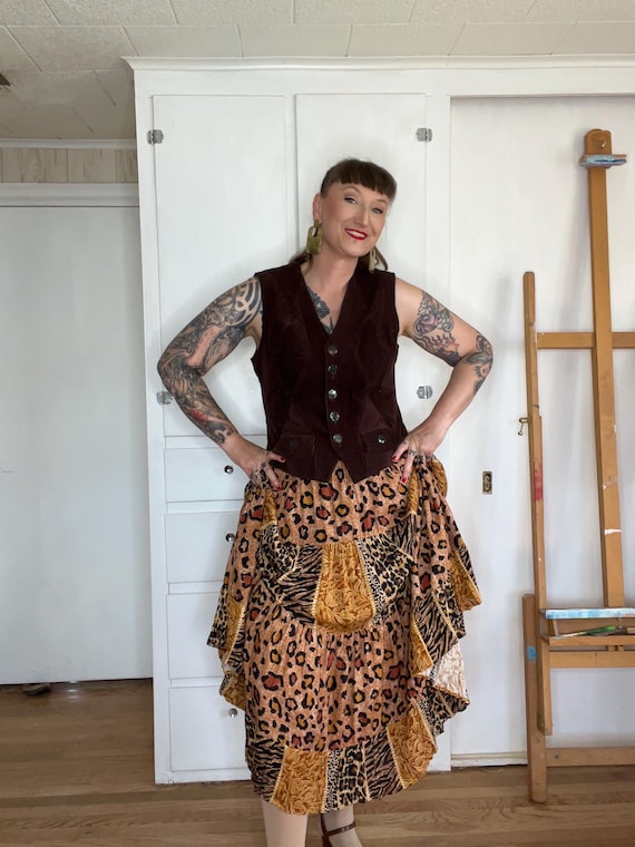 80s Broomstick Skirt, Cheetah Print Maxi Rayon Tiered Animal Print