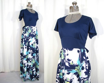 60s Hawaiian Dress Medium, Maxi Summer Dress with Floral Skirt and Short Sleeves, Tie Back Dress 28 W