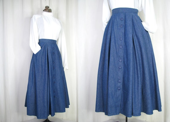 1980s Skirt - High Waist Jean Midi, Vintage Denim