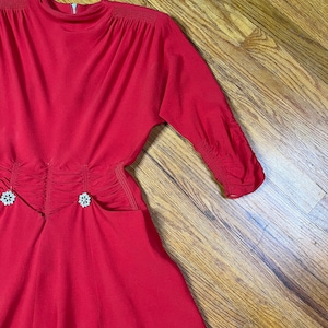 Red 1940s Dress, 40s Party Dress in Red Rayon, Size Small with Strong Shoulders and Pockets, 26W