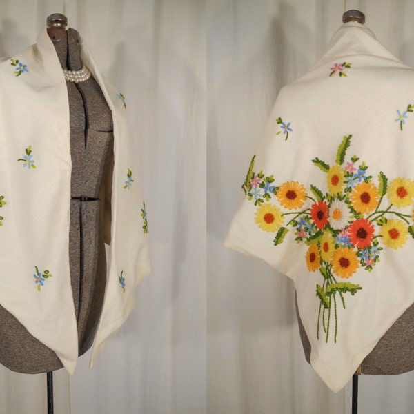 1960s Shawl // 60s Wrap // Embroidered Shawl // Wool Shawl // Mori Girl