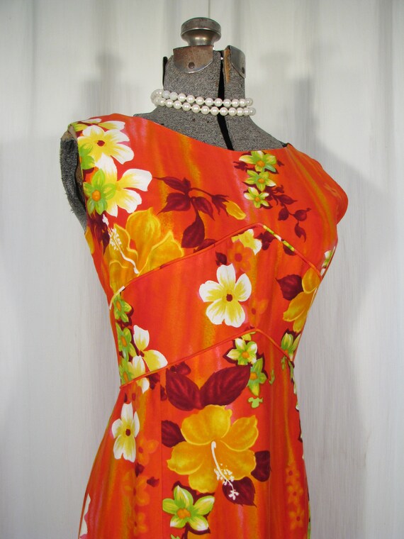 1960s Dress/ Vintage Hawaiian Maxi/ 60s Red Orang… - image 2