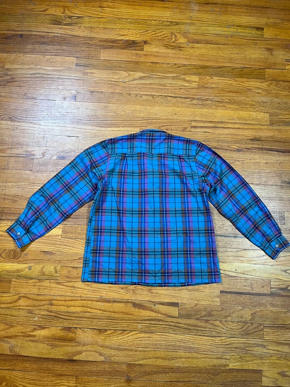 Large 70s 40s Style Blouse Plaid Blue Top Puff Sl… - image 7
