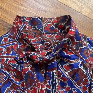1940s Style Blouse, Puff Sleeve Brown Blue Bow Blouse, Large 70s does 40s Womens Top 46 Bust Top