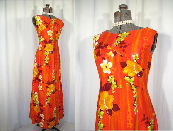 1960s Dress/ Vintage Hawaiian Maxi/ 60s Red Orang… - image 1