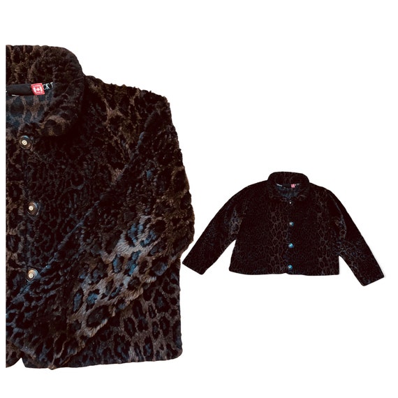 Fuzzy Faux Fur Coat, 80s Short Crop Jacket in Dar… - image 1