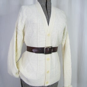 Vintage 1970s Sweater, Large Chunky Knit Cardigan, 70s Cable Knit Sweater Off White