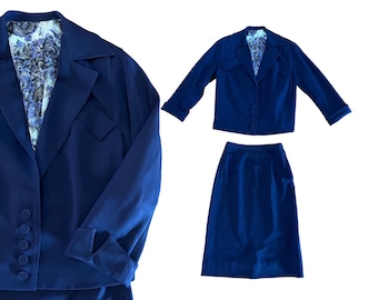 Blauer Rock Anzug 1940er Jahre Belt Back Blazer Rock Set Klein 40er Jahre Navy Blau Wolle Gabardine Anzug Kleid Klein