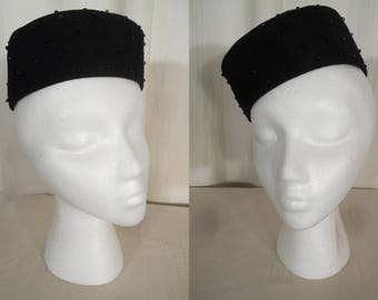 1950s Vintage Hat, 50s Pill Box, Wool Felt Black Beaded Tilt Hat