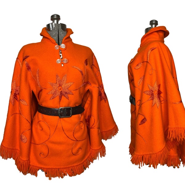 Vintage 1950s Cape, Autumn 50s Poncho in Bright Orange Wool, Embroidered Coat with Collar and Fringe, Large XL