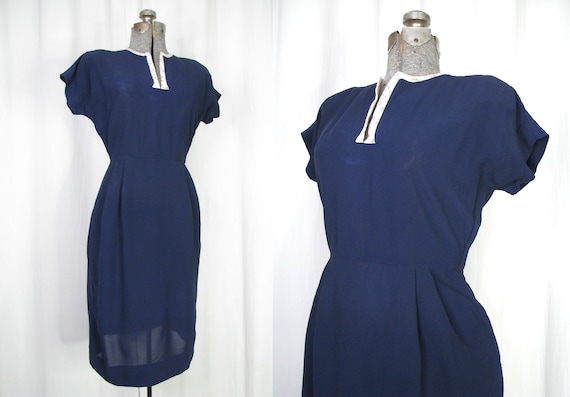 1940s Dress | Navy Blue Rayon Midi | Vintage 40s D