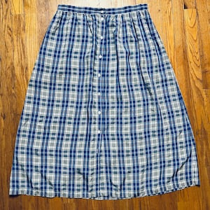 Plaid 40s Skirt, Large 1940s style Button Front Skirt with Pockets, 90s does 40s Blue White Rayon Summer Midi Skirt Sz 16