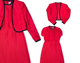 Cherry Red 60s Dress Set, Jackie O Style Mod Pleated Skirt and Jacket, Size Medium High Waist Dress