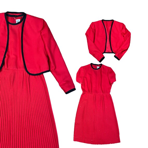 Cherry Red 60s Dress Set, Jackie O Style Mod Plea… - image 1
