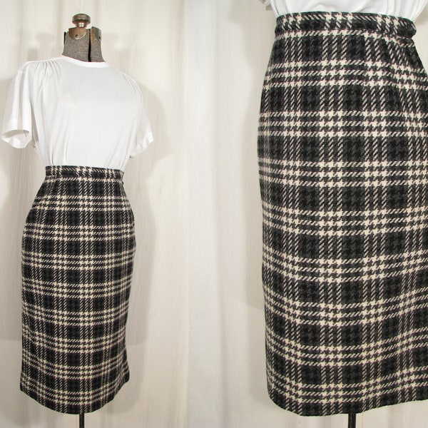 Vintage 1940s Skirt, Small Plaid Wool Skirt, 40s High Waist Midi WW2 Era
