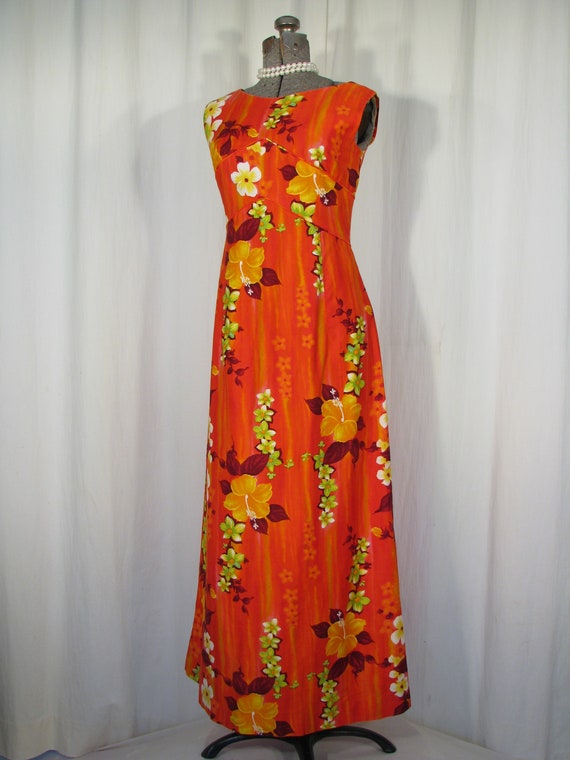 1960s Dress/ Vintage Hawaiian Maxi/ 60s Red Orang… - image 3