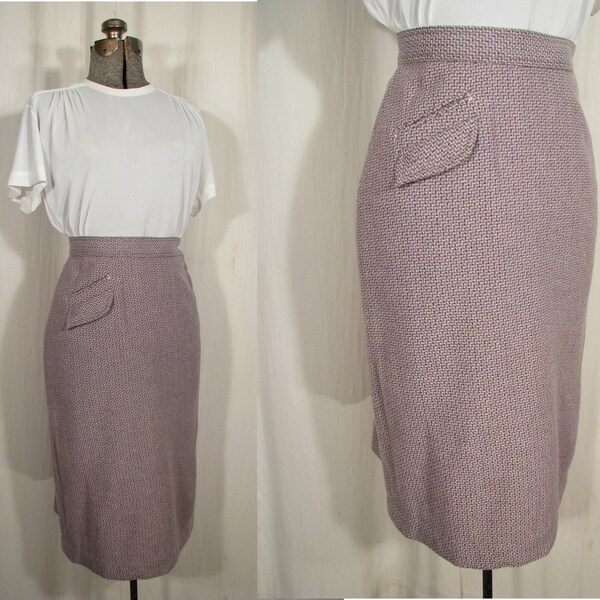 Vintage 1940s Skirt, Small Grey Wool Skirt, 40s High Waist Midi WW2 Era