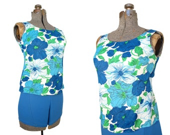 1960s Vintage Bathing Suit, 60s Two Piece Swimsuit Blue White Floral, 22”- 34” Waist