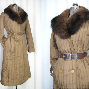 Vintage Trench Coat, 1970s Puffer Coat, Quilted Brown Overcoat Large Fur Collar
