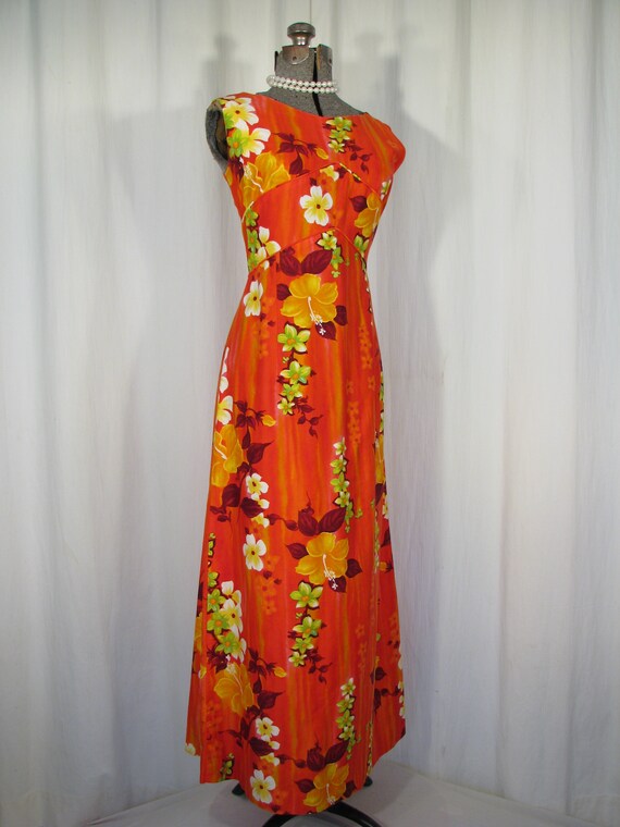 1960s Dress/ Vintage Hawaiian Maxi/ 60s Red Orang… - image 10