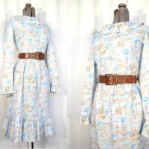 Granny Floral Midi Dress, Vintage 60s Dress, Blue Flower Garden Print with Belt