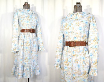 Granny Floral Midi Dress, Vintage 60s Dress, Blue Flower Garden Print with Belt