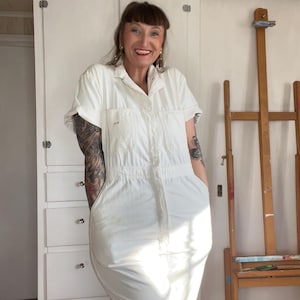 White Distressed Coveralls, Work Wear Jumpsuit Plus Size, Button Front Vintage Overalls, Painters Whites Sz 46 Universal Overall Co.