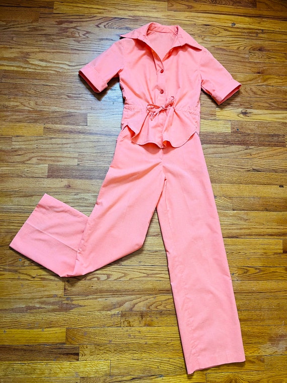 Peach 1970s Pantsuit Bell Bottoms Leisure Suit Set XS 1970s Shirt and Pants