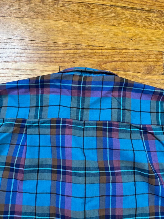 Large 70s 40s Style Blouse Plaid Blue Top Puff Sl… - image 8